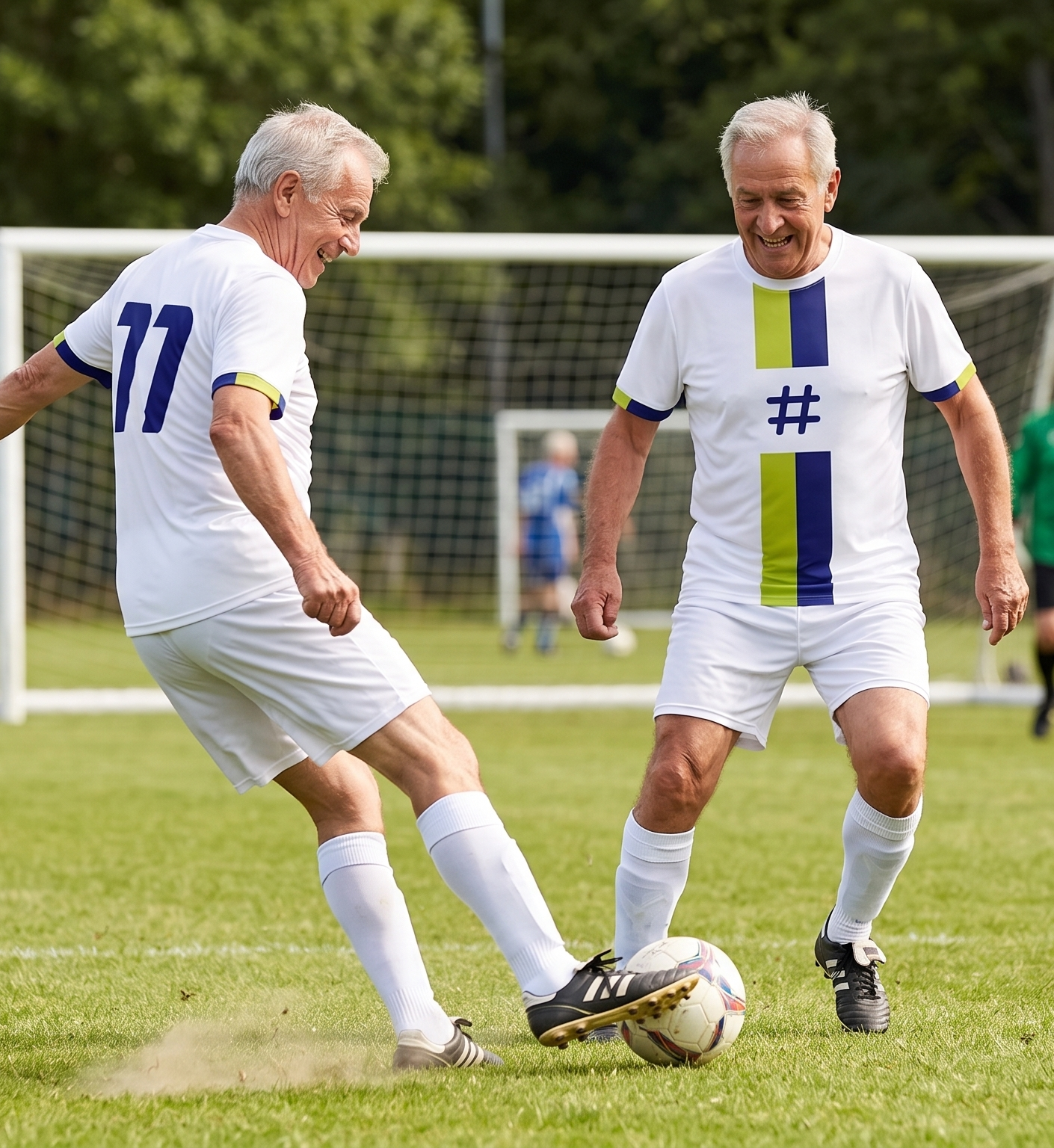 Sahara Old Boys players in white lime and navy stripe six-a-side kits